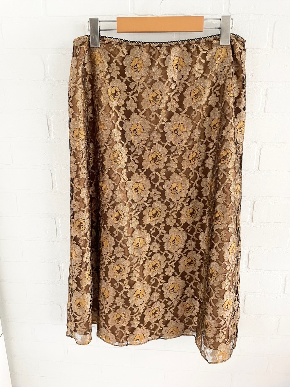 Vintage Y2K Metallic Rose Lace Midi Skirt Romantic Statement Sz L - Picture 6 of 15